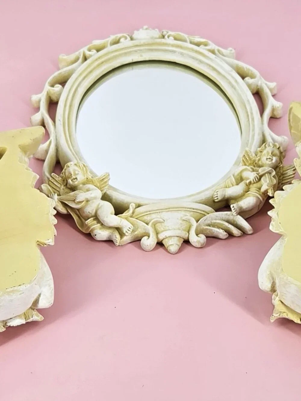 Set 3 Cherub Baroque Wall Shelves Oval Angelic Mirror Romantic Shabby VTG White